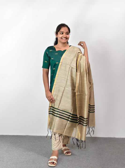 Raw Silk Kurta Set with Dupatta - Dark Green