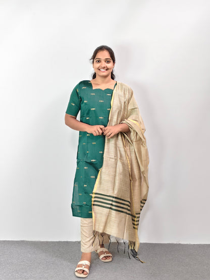 Raw Silk Kurta Set with Dupatta - Dark Green