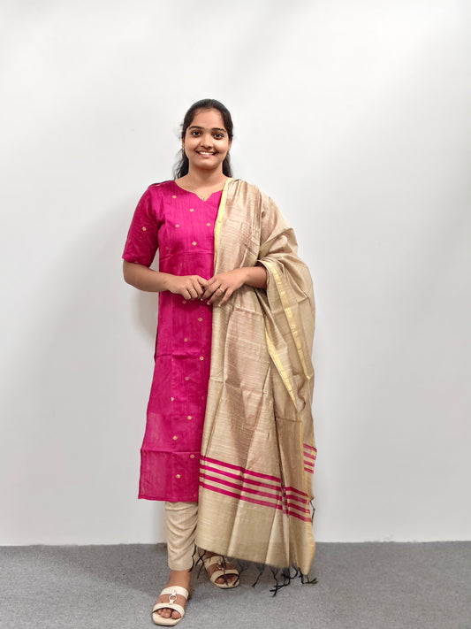 Raw Silk Kurta Set with Dupatta - Pink