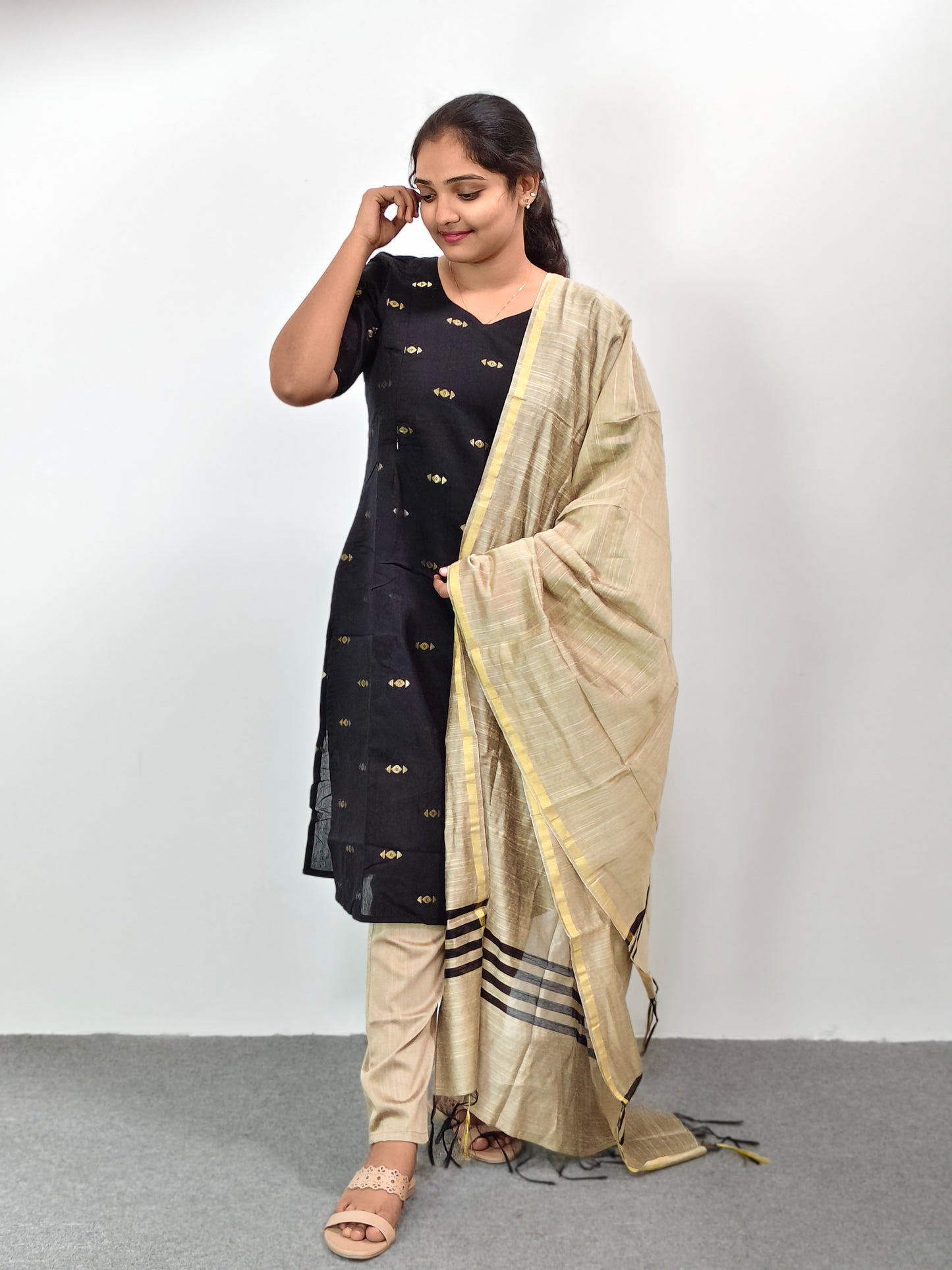 Raw Silk Kurta Set with Dupatta - Black