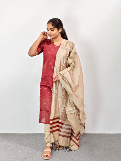 Raw Silk Kurta Set with Dupatta - Maroon